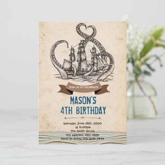 Kraken pirate octopus verjaardagsuitnodiging bedankkaart (Staand voorkant)