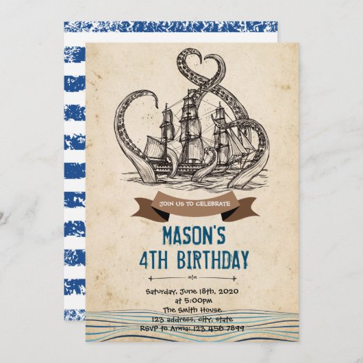 Kraken pirate octopus verjaardagsuitnodiging bedankkaart (Voorkant / Achterkant)