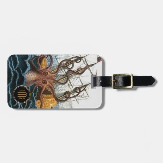 Kraken Steampunk  Octopus 3 Letter Monogram Bagagelabel (Voorkant horizontaal)