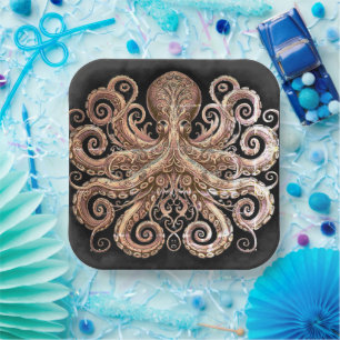 Kraken Steampunk Octopus Gold Black Papieren Bordje