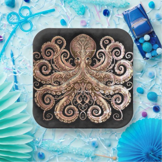 Kraken Steampunk Octopus Gold Black Papieren Bordje (Feest)