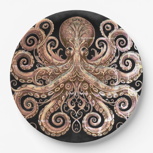 Kraken Steampunk Octopus Gold Black Papieren Bordje (Voorkant)