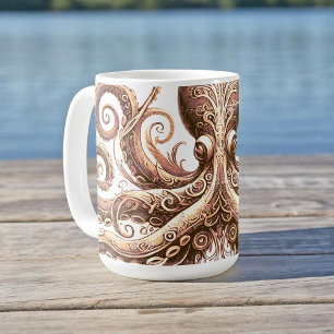 Kraken Steampunk Octopus  Gold White Koffiemok