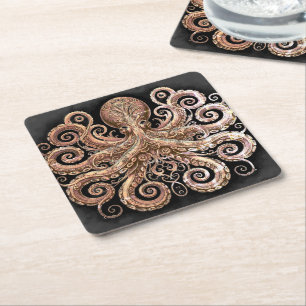 Kraken Steampunk Octopus Sieraad Goud Zwart Kartonnen Onderzetters