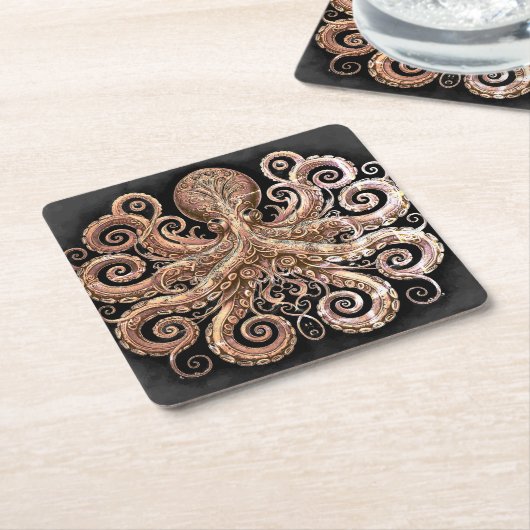 Kraken Steampunk Octopus Sieraad Goud Zwart Kartonnen Onderzetters (Schuin)