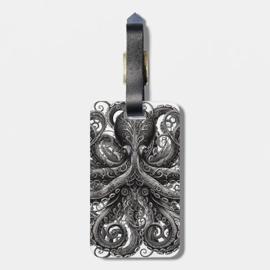 Kraken Steampunk Octopus  Zwart Bagagelabel (Achterkant verticaal)