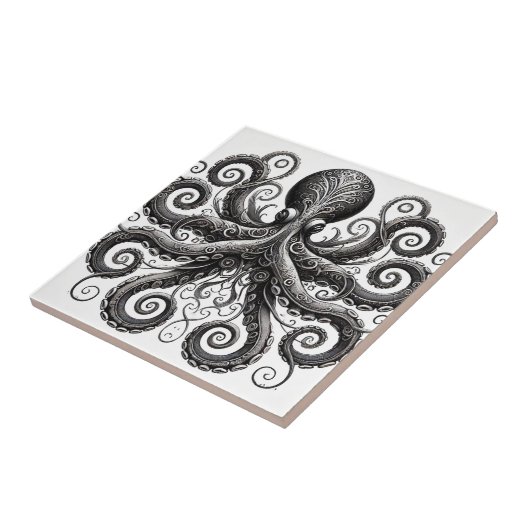Kraken Steampunk Octopus  Zwart Tegeltje (Zijkant)