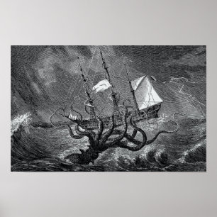 Kraken valt schip aan vintage ets poster