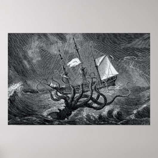 Kraken valt schip aan vintage ets poster (Voorkant)