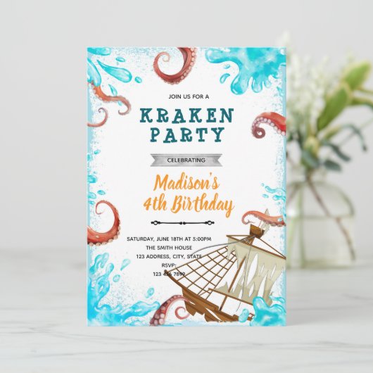 Kraken verjaardagsuitnodiging kaart (Staand voorkant)