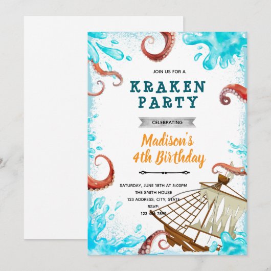 Kraken verjaardagsuitnodiging kaart (Voorkant / Achterkant)