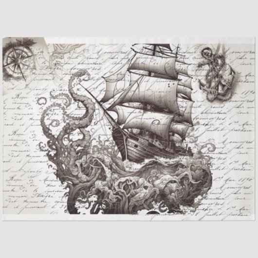 Kraken vs pirate ship nautical tissuepapier (Voorkant)