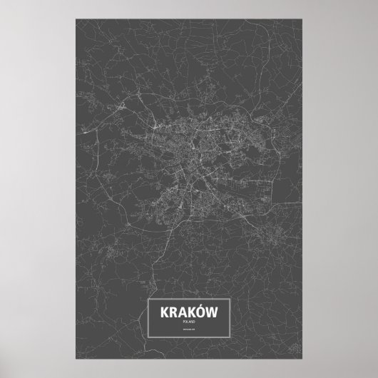 Kraków, Polen (wit op zwart) Poster (Voorkant)