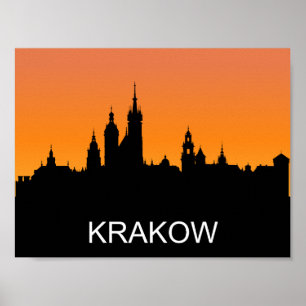 Krakow silhouette, zomerzonsondergang, illustratie poster