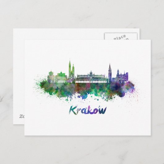 Krakow skyline in waterverf briefkaart (Voorkant / Achterkant)