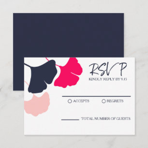 Kral Bold Navy, Roze Ginkgo Bladeren Bruiloft RSVP Kaartje