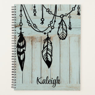 kralen en veren aan weetherde blauw-Barn-planken Planner
