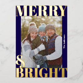 Kralen moderne marineblauwe Merry & Bright-foto Folie Feestdagenkaart