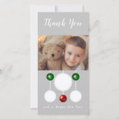 Kralen sneeuwballen en foto's grijsblauw kerstfees bedankkaart (Voorkant)