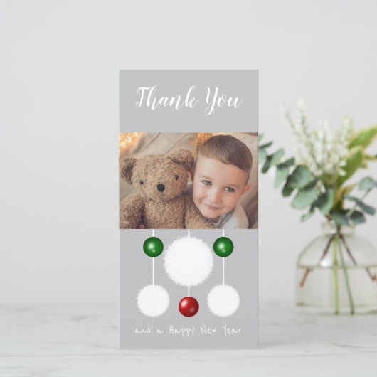 Kralen sneeuwballen en foto's grijsblauw kerstfees bedankkaart (Staand voorkant)
