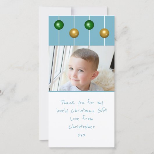 Kralen sneeuwballen en foto's grijsblauw kerstfees bedankkaart (Achterkant)