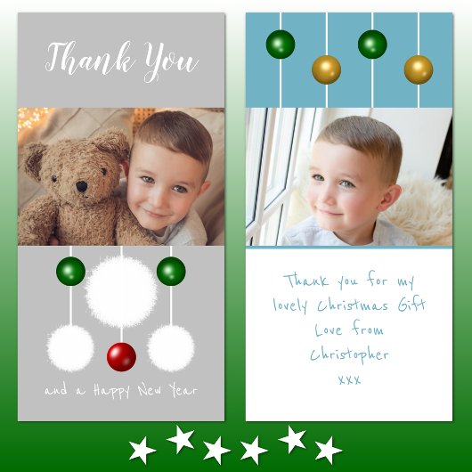 Kralen sneeuwballen en foto's grijsblauw Kerstmis Bedankkaart