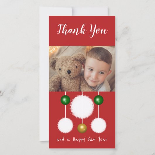 Kralen sneeuwballen en foto's rood ivoor Kerstmis Bedankkaart (Voorkant)