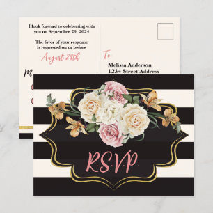 Kralen zwart, ivoorkleurige strepen, bloemen RSVP Briefkaart