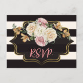 Kralen zwart, ivoorkleurige strepen, bloemen RSVP Briefkaart (Voorkant)