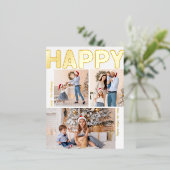 Kralend Moderne Verticale Drie Foto Gelukkig Goud Folie Feestdagen Briefkaart (Staand Voorkant)