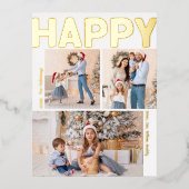 Kralend Moderne Verticale Drie Foto Gelukkig Goud Folie Feestdagen Briefkaart (Voorkant)
