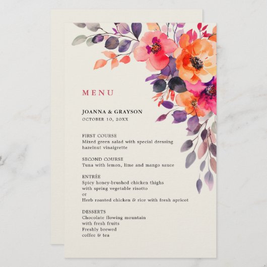 Kralenheldere Roze Oranje Aquarel Trouwmenu (Voorkant / Achterkant)