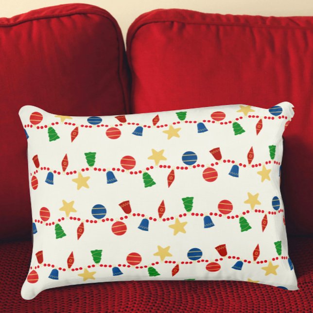 Kralenkrans met retro kerstornamenten accent kussen (red blue gold vintage Christmas ornaments pillow)