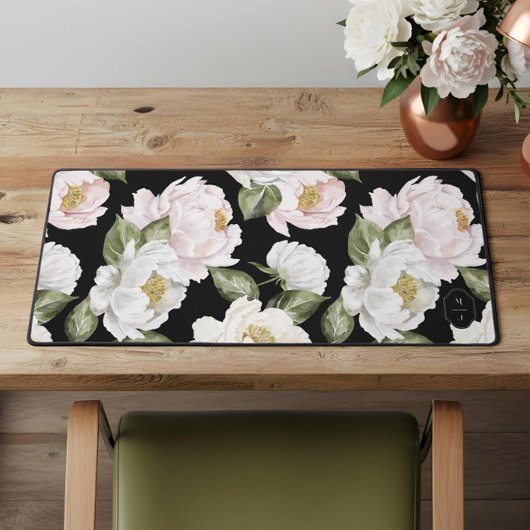 Kralenwit & Roze Pioen Bloempatroon Monogram Bureaumat