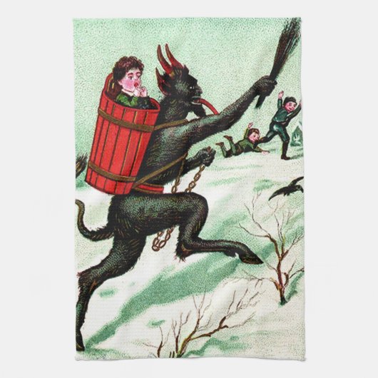 Krampus Chasing Bad Children Winter Snow Theedoek (Verticaal)