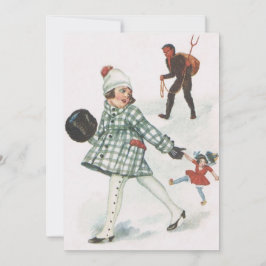 Krampus die een klein meisje met pop achtervolgt