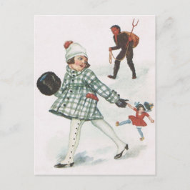 Krampus die een klein meisje met pop achtervolgt briefkaart