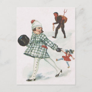 Krampus die een klein meisje met pop achtervolgt briefkaart