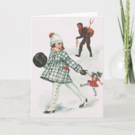 Krampus die een klein meisje met pop achtervolgt feestdagen kaart