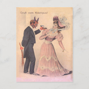 Krampus die een vrouw ten huwelijk vraagt briefkaart