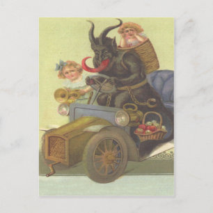 Krampus die kleine meisjes in de auto produceert briefkaart