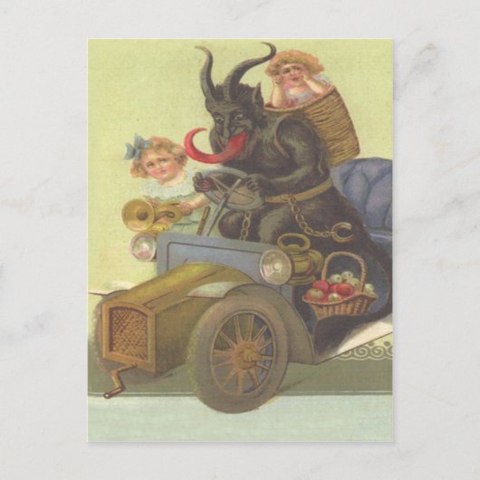 Krampus die kleine meisjes in de auto produceert briefkaart (Voorkant)