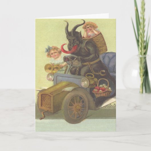 Krampus die kleine meisjes in de auto produceert feestdagen kaart (Voorkant)