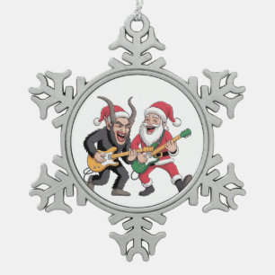 Krampus en Kerstman spelen elektrische gitaar Kers Tin Sneeuwvlok Ornament