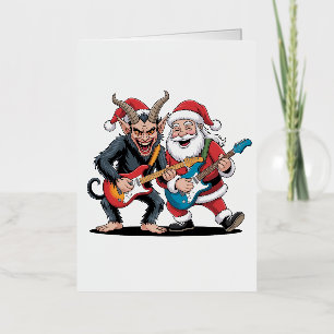 Krampus en Santa spelen elektrische gitaar Xmas Folie Feestdagenkaart
