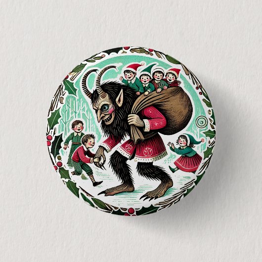 Krampus Kerst Ronde Button 3,2 Cm (Voorkant)