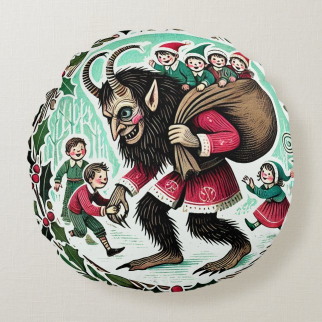 Krampus Kerstmis Rond Kussen (Voorkant)