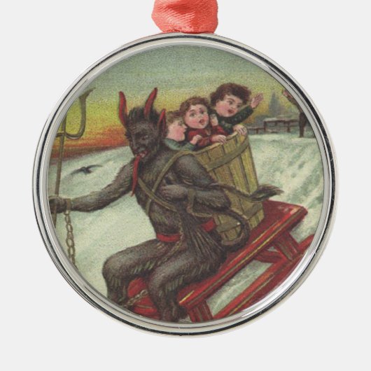 Krampus Kidnapping Kinderen op slee Pitchfork Metalen Ornament (Voorkant)