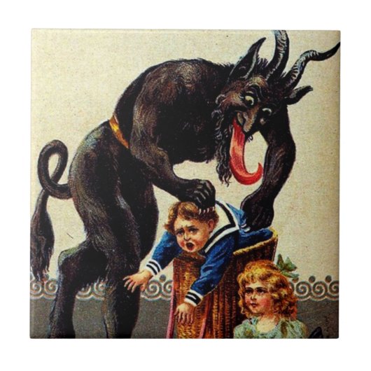 Krampus Kinder in mandje  kerstvakantie Tegeltje (Voorkant)