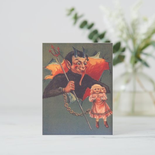 Krampus met meisje en hooivork briefkaart (Staand voorkant)